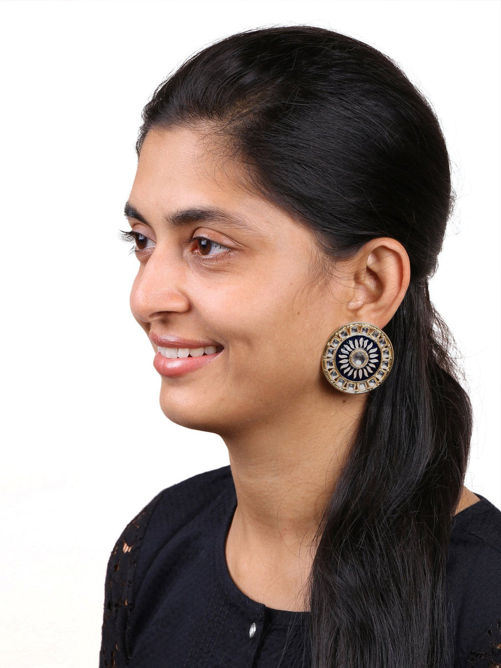Fire Large Black Round Kundan Meenakari Stud Earring Girls Bulk