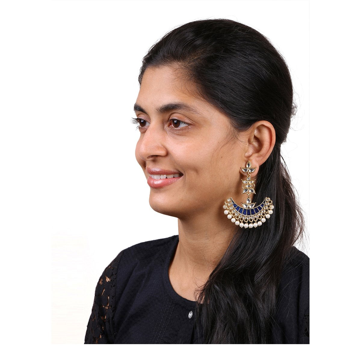 Blue Chaand Bali Kundan Pearl Meenakari Tassel Dangling Earring Bulk