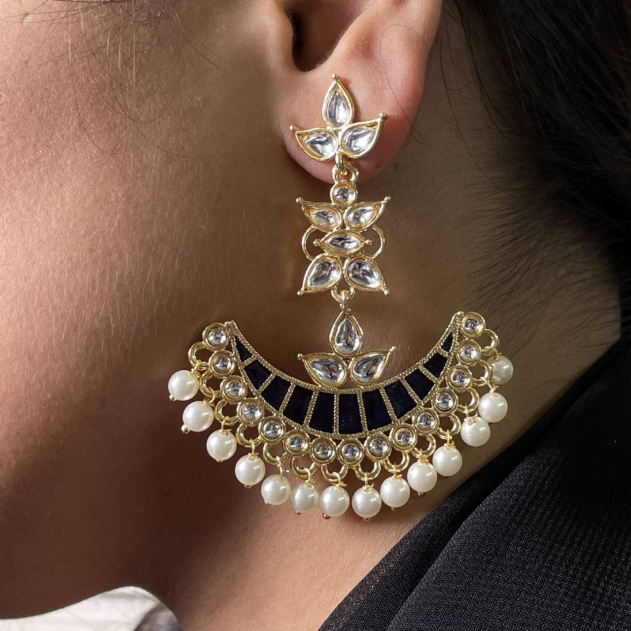 Blue Chaand Bali Kundan Pearl Meenakari Tassel Dangling Earring Bulk