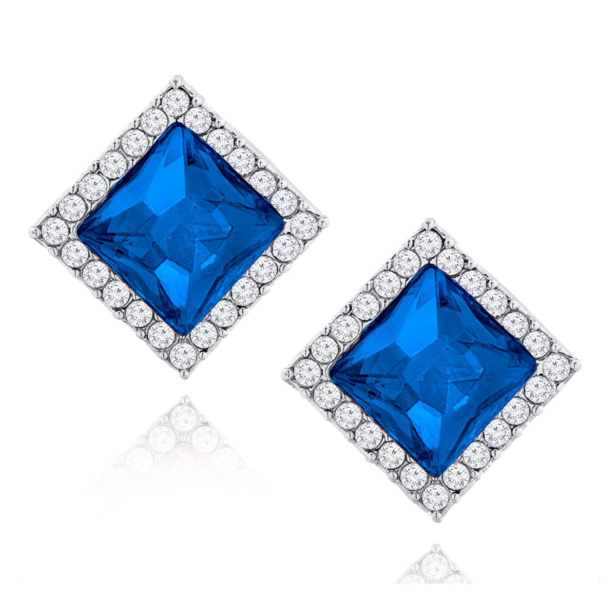 Rhombus Aaa Crystal CZ Border Blue Rhodium Brass Stud Earring Bulk