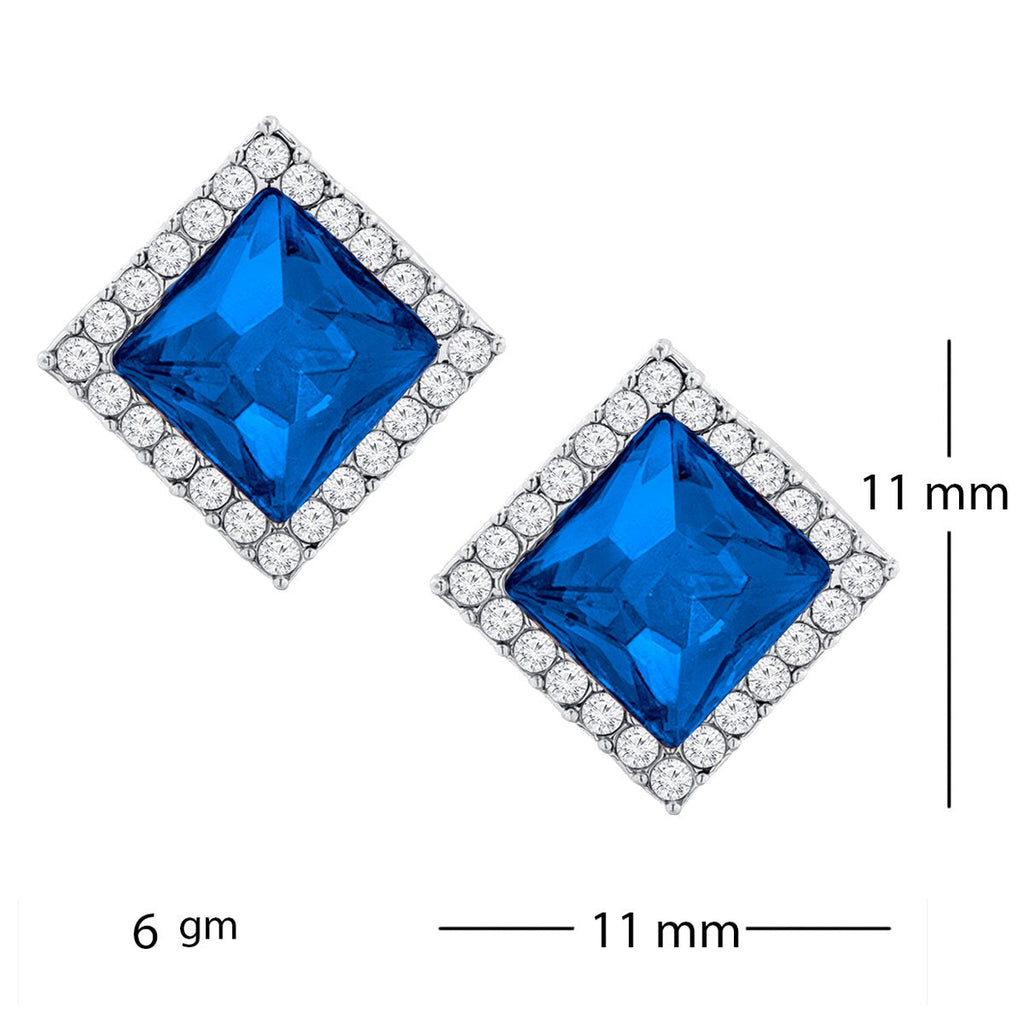 Rhombus Aaa Crystal CZ Border Blue Rhodium Brass Stud Earring Bulk