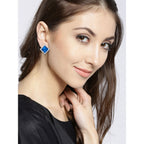 Rhombus Aaa Crystal CZ Border Blue Rhodium Brass Stud Earring Bulk