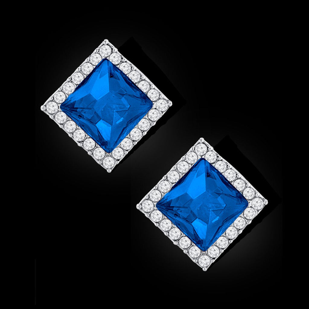 Rhombus Aaa Crystal CZ Border Blue Rhodium Brass Stud Earring Bulk