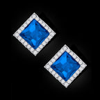 Rhombus Aaa Crystal CZ Border Blue Rhodium Brass Stud Earring Bulk