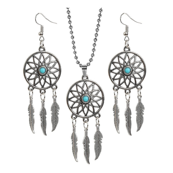 Dream Catcher Feather Oxidised German Silver Blue Pendant Earring Set Secondary image