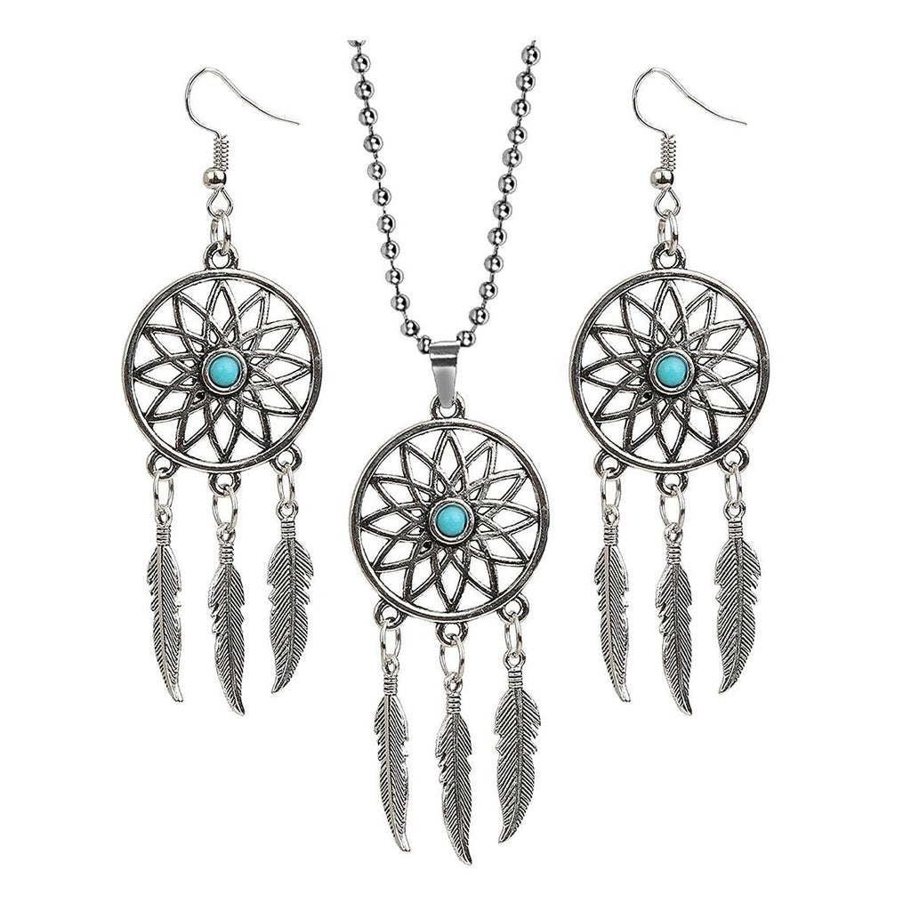 Dream Catcher Feather Oxidised German Silver Blue Pendant Earring Set