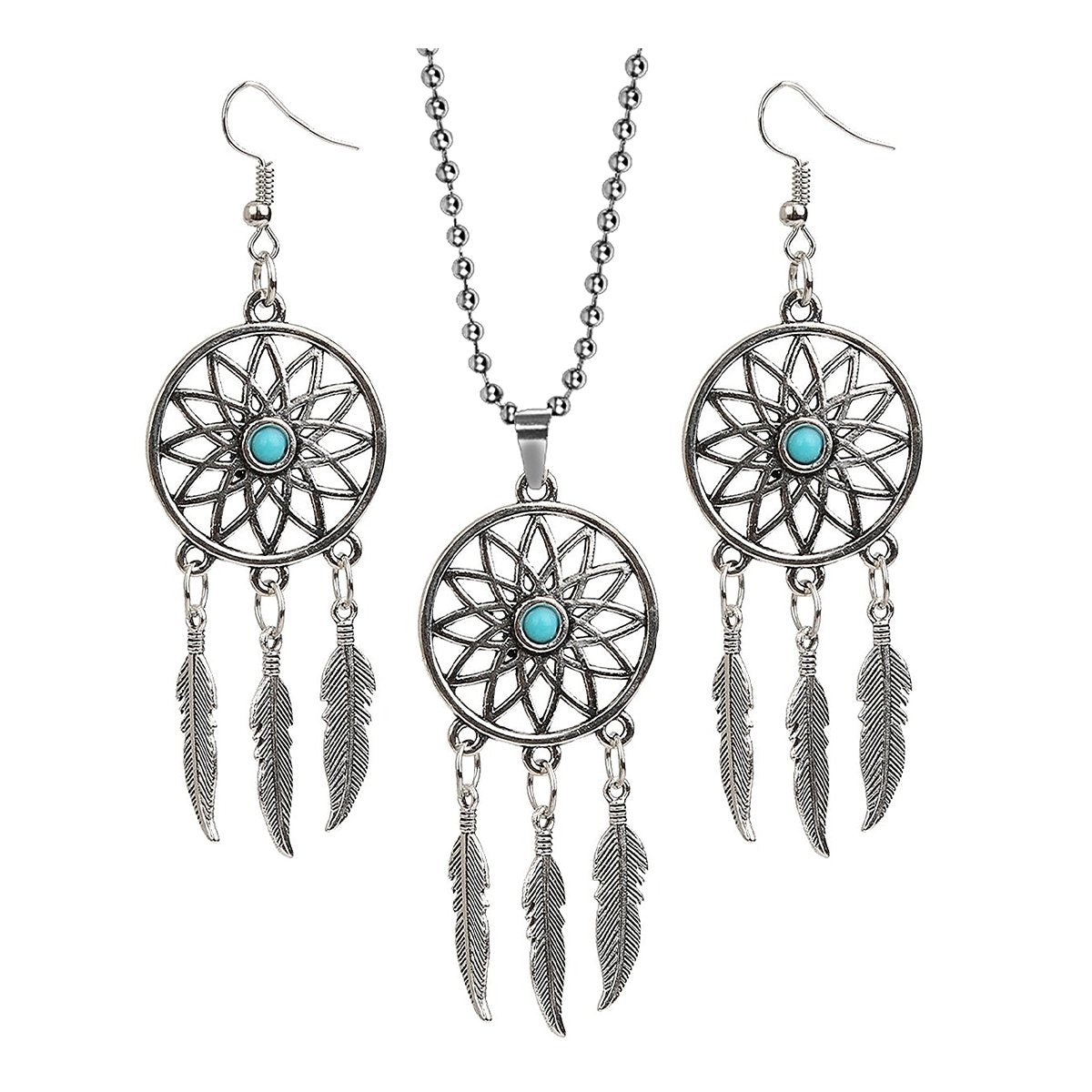 Dream Catcher Feather Oxidised German Silver Blue Pendant Earring Set