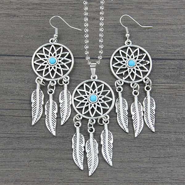 Dream Catcher Feather Oxidised German Silver Blue Pendant Earring Set Main image