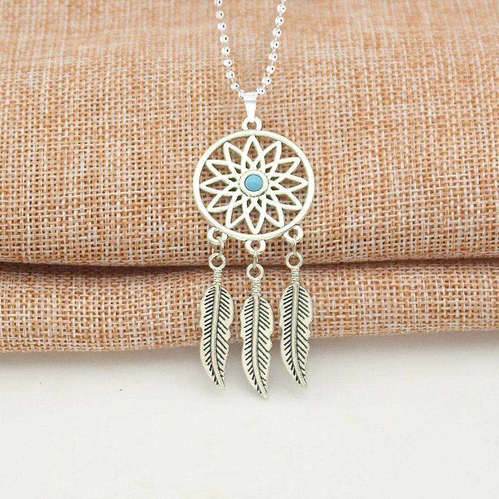 Dream Catcher Feather Oxidised German Silver Blue Pendant Earring Set