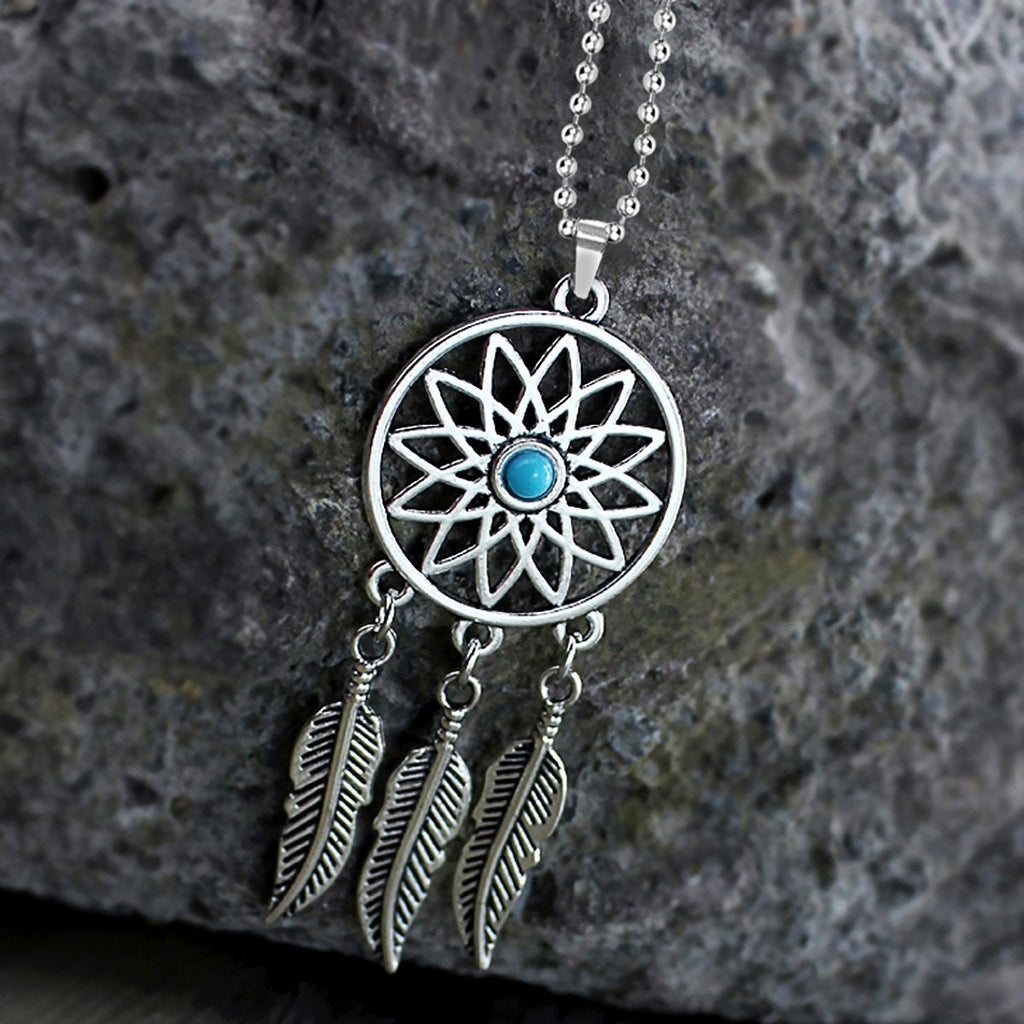 Dream Catcher Feather Oxidised German Silver Blue Pendant Earring Set