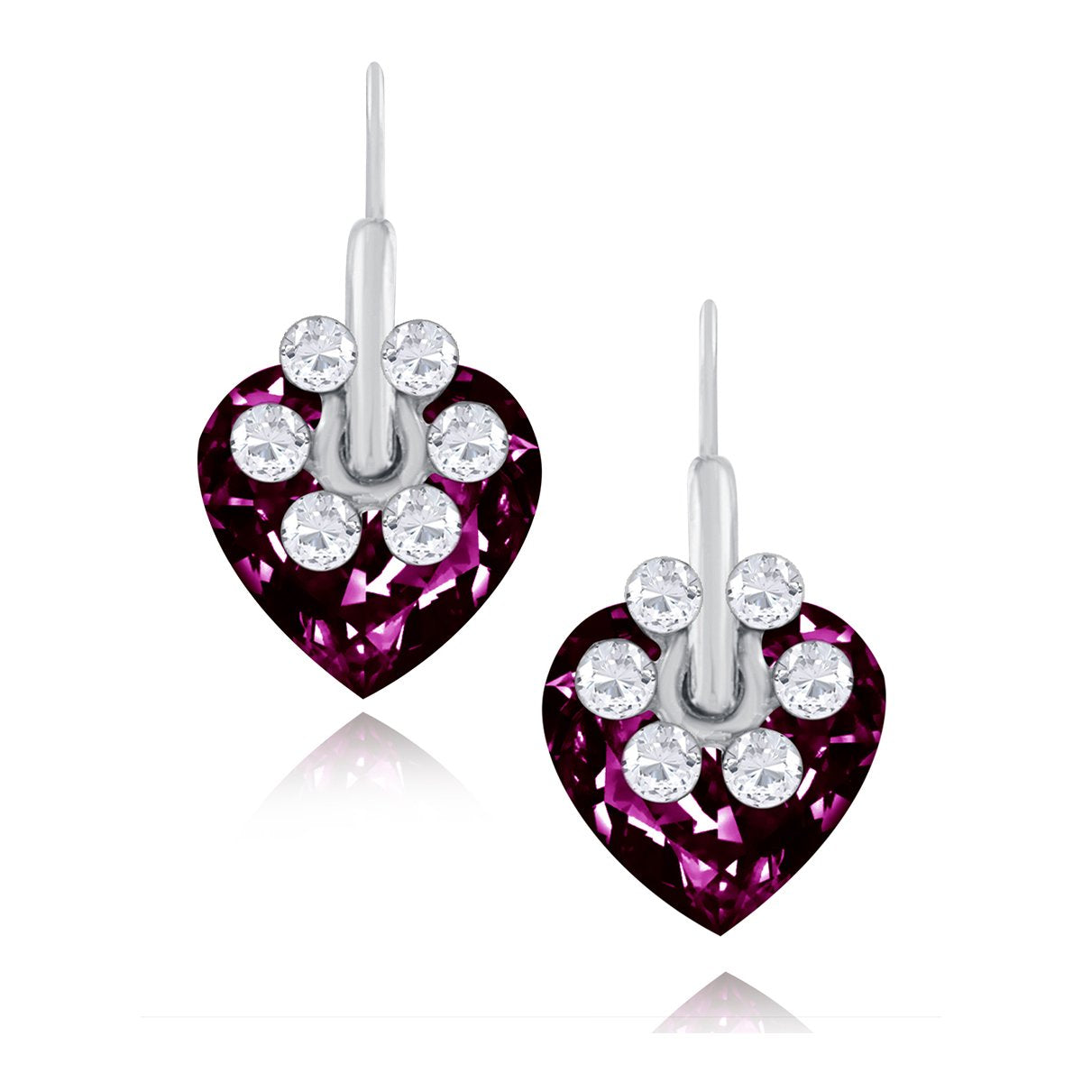 Flower Heart Crystal CZ Maroon Red Rhodium Stud Earring Bulk