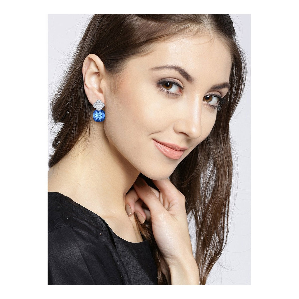 Quatrefoil Aaa Crystal American Diamond Blue Rhodium Stud Earring