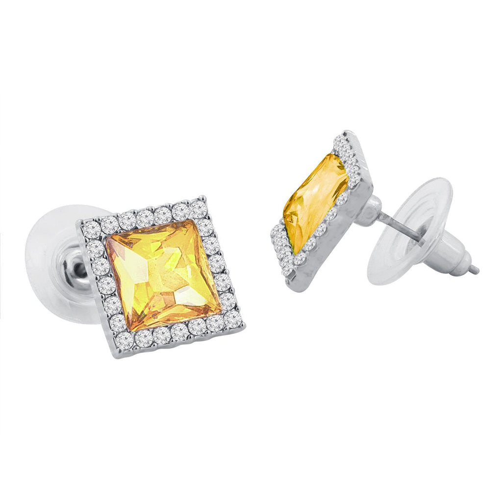 Rhombus Aaa Crystal CZ Border Blue Rhodium Brass Stud Earring Bulk