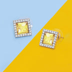 Rhombus Aaa Crystal CZ Border Blue Rhodium Brass Stud Earring Bulk