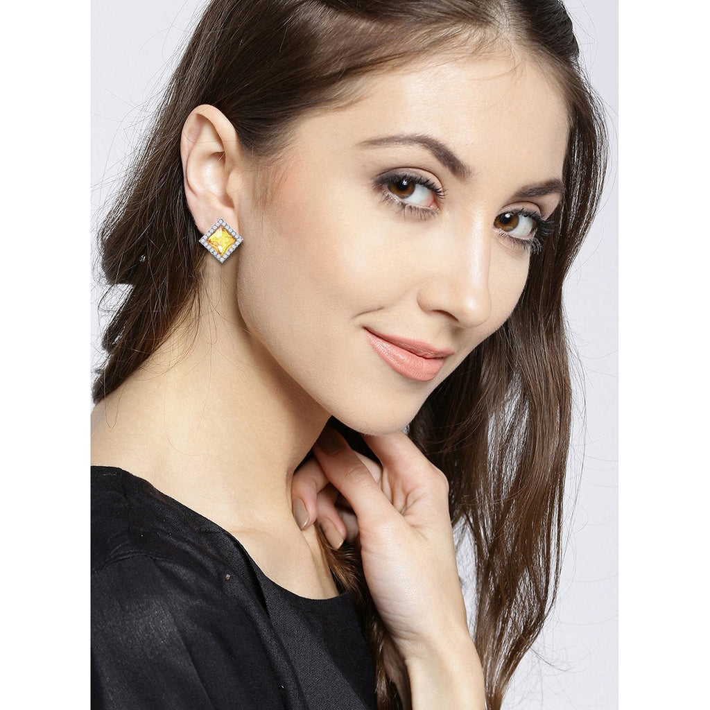 Rhombus Aaa Crystal CZ Border Blue Rhodium Brass Stud Earring Bulk