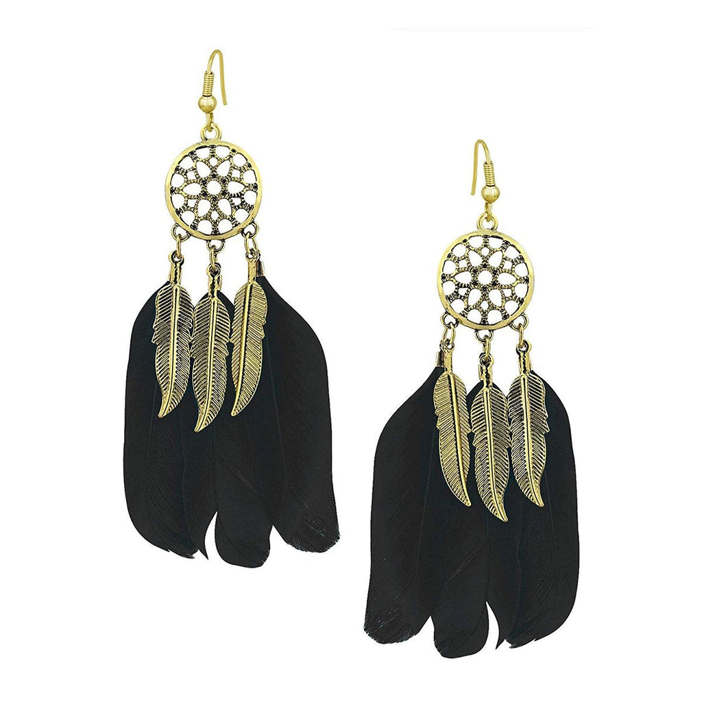Boho Feather Flower Filigree Black Gold Hanging Dangle Earring Bulk