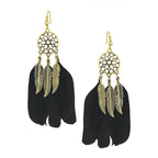 Boho Feather Flower Filigree Black Gold Hanging Dangle Earring Bulk
