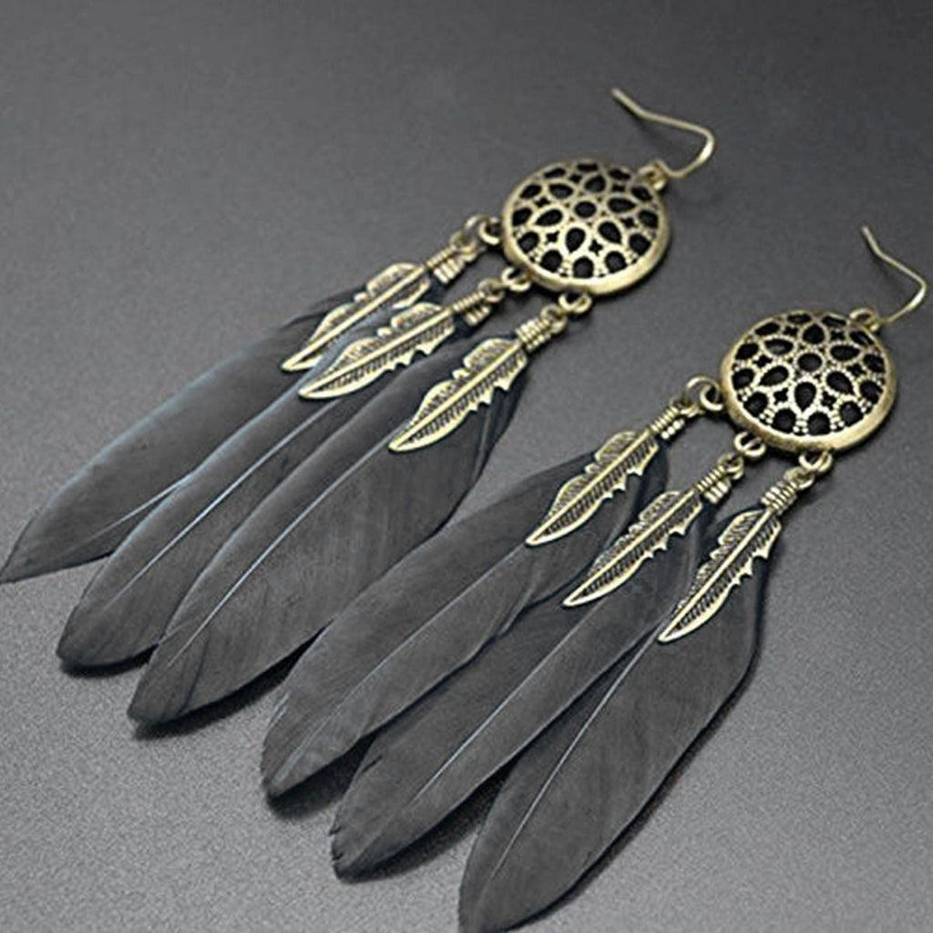 Boho Feather Flower Filigree Black Gold Hanging Dangle Earring Bulk