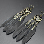 Boho Feather Flower Filigree Black Gold Hanging Dangle Earring Bulk