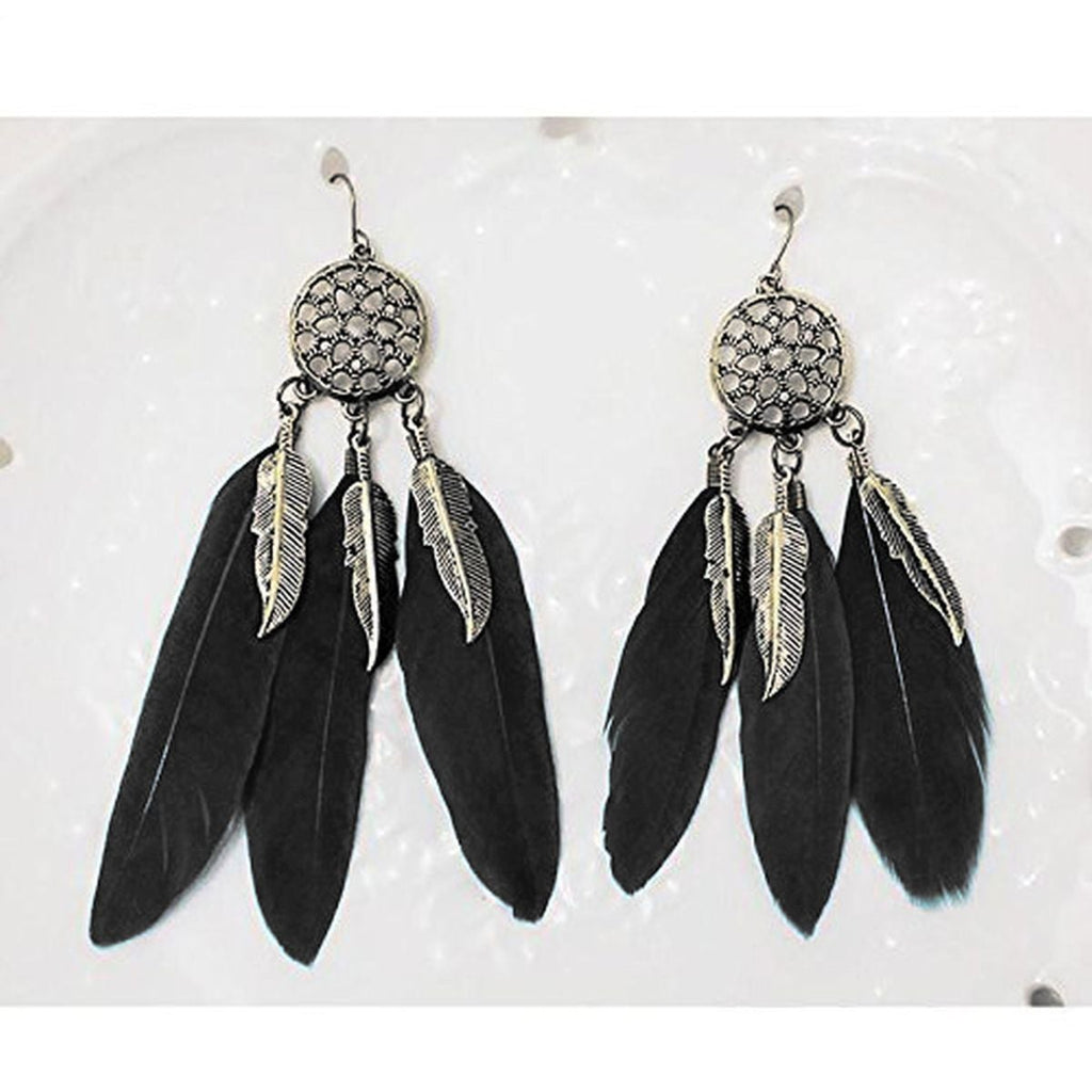 Boho Feather Flower Filigree Black Gold Hanging Dangle Earring Bulk