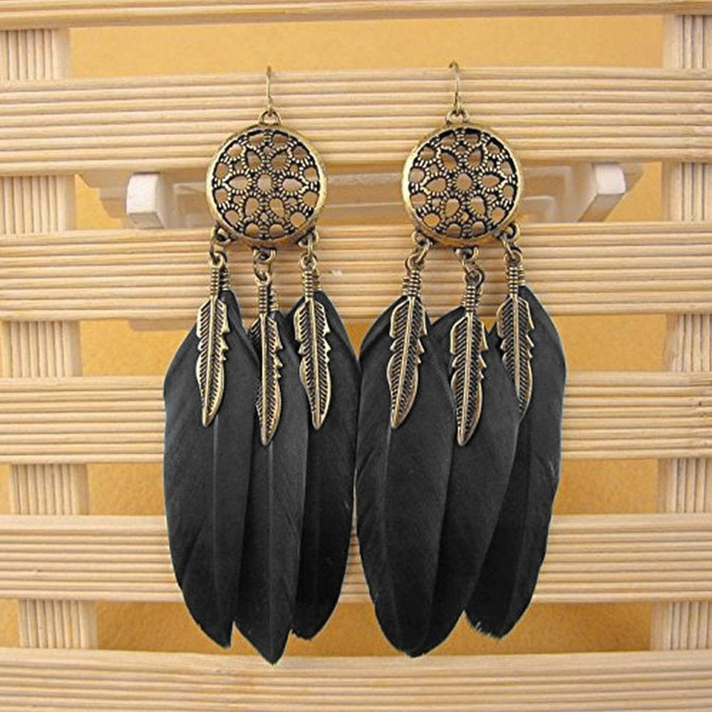 Boho Feather Flower Filigree Black Gold Hanging Dangle Earring Bulk