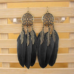 Boho Feather Flower Filigree Black Gold Hanging Dangle Earring Bulk
