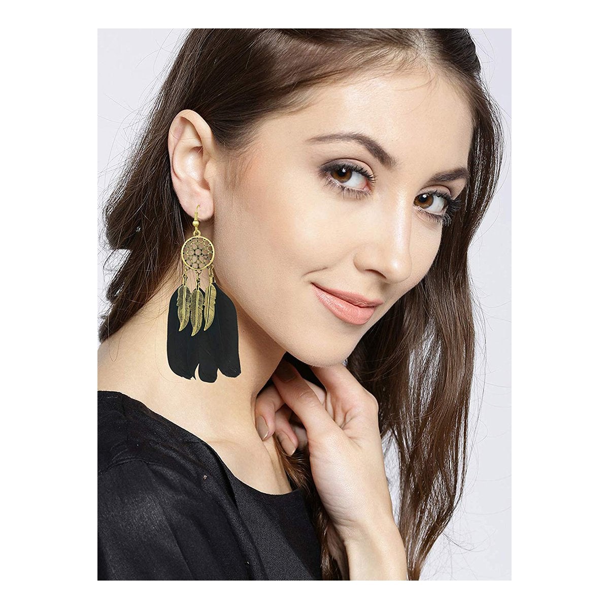 Boho Feather Flower Filigree Black Gold Hanging Dangle Earring Bulk
