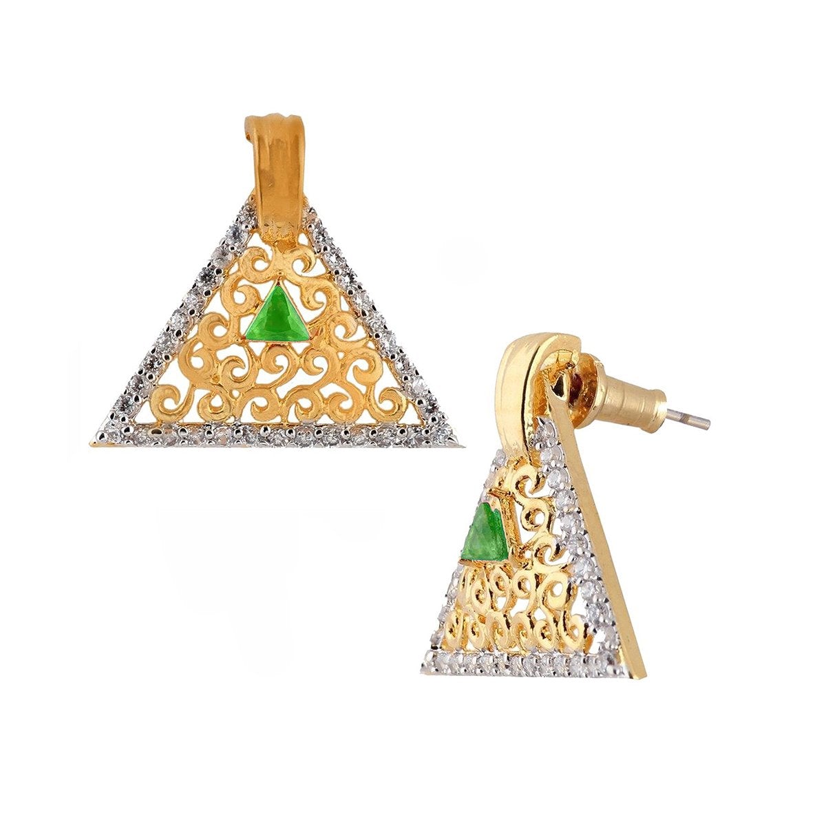 Triangle Gold Filigree CZ Crystal Green Stud Earring Bulk