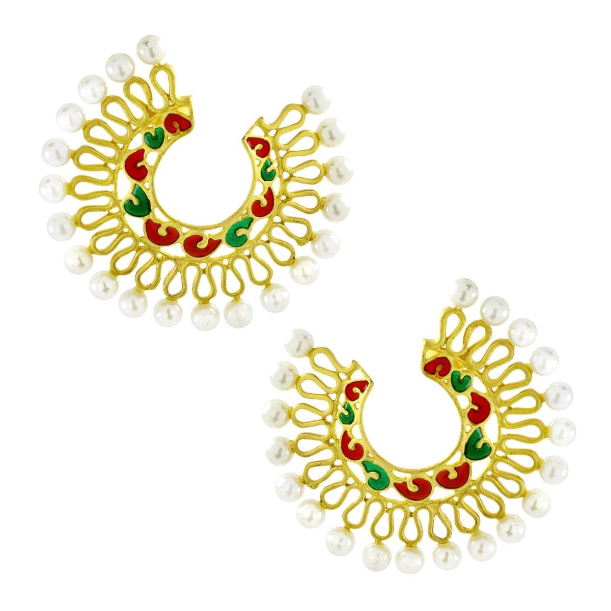 Filigree Gold Red Green Meenakari Pearl Chand Bali Stud Earring Bulk
