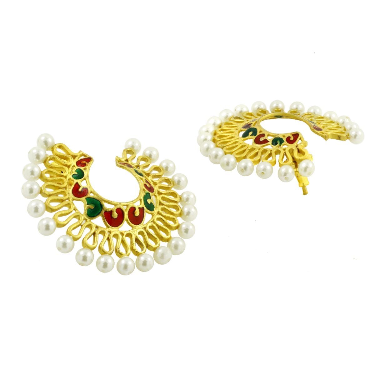 Filigree Gold Red Green Meenakari Pearl Chand Bali Stud Earring Bulk