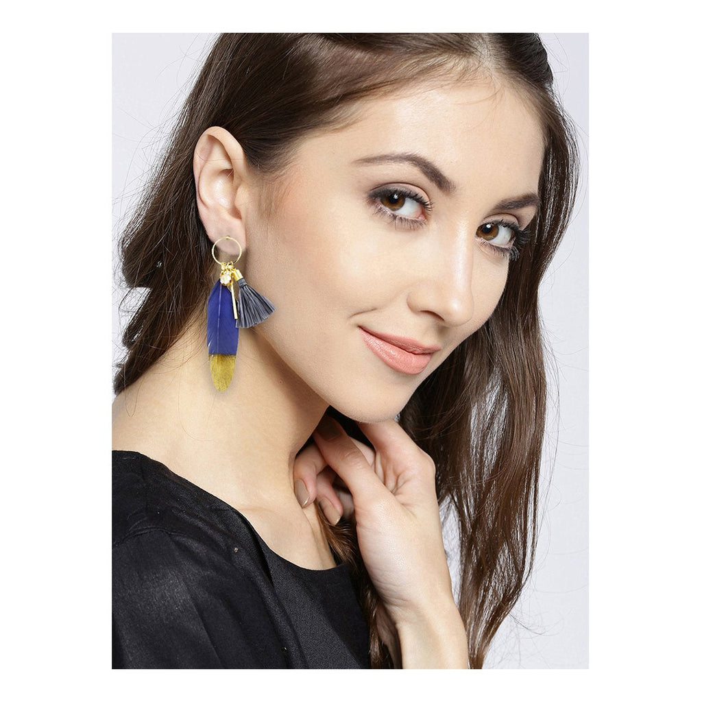 Stylish Trendy Young Grey Gold Long Tassel Feather Earring Women Bulk