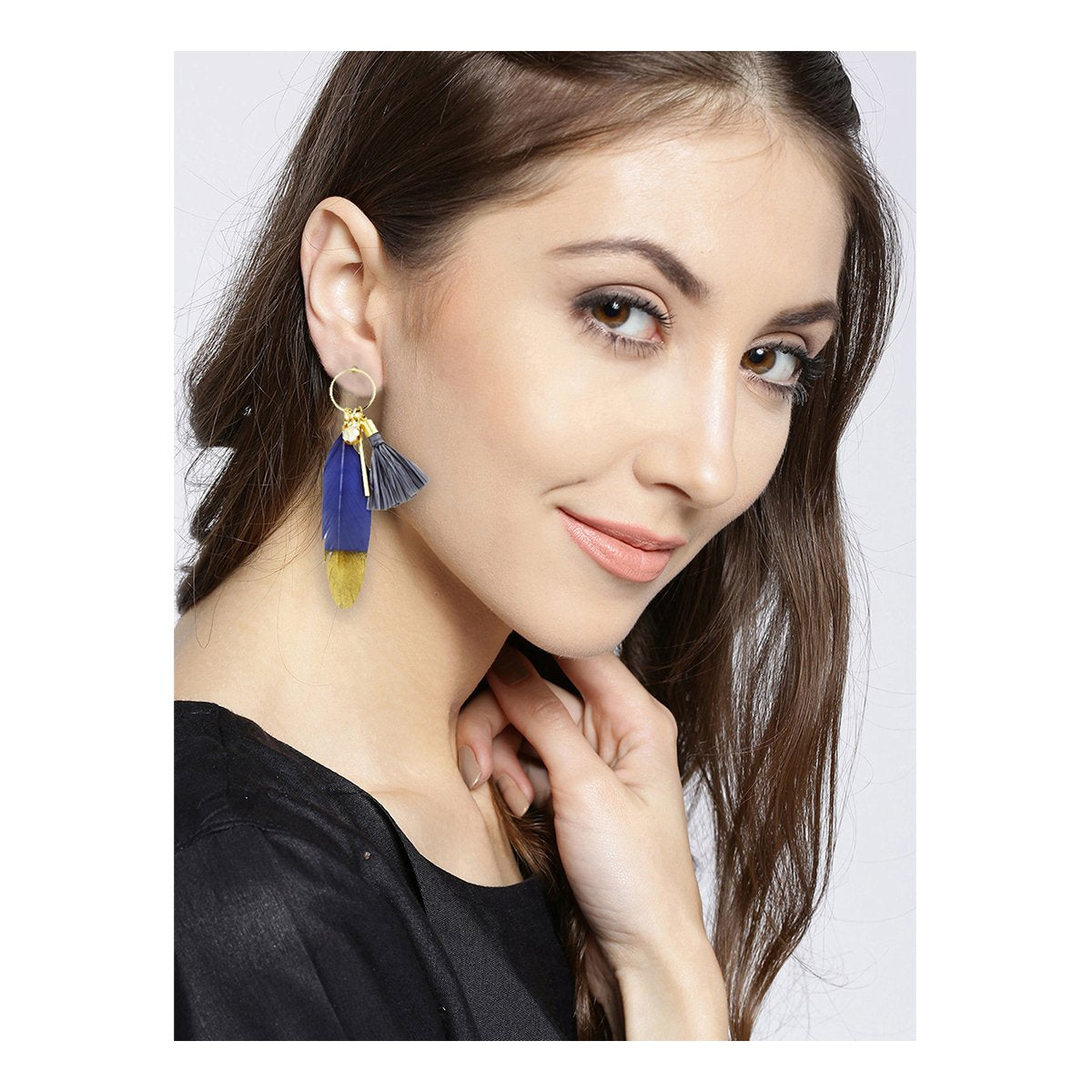 Stylish Trendy Young Grey Gold Long Tassel Feather Earring Women Bulk