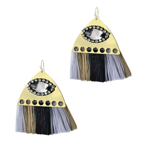 Studded Fan Tassel Bohemian Gypsy Black Blue Grey Statement Earrings Secondary image