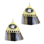 Studded Fan Tassel Bohemian Gypsy Black Blue Grey Statement Earrings