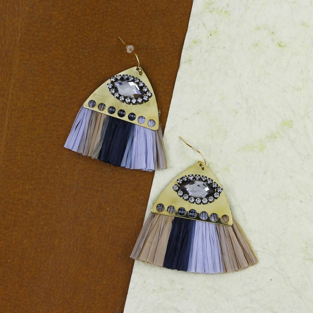 Studded Fan Tassel Bohemian Gypsy Black Blue Grey Statement Earrings Main image
