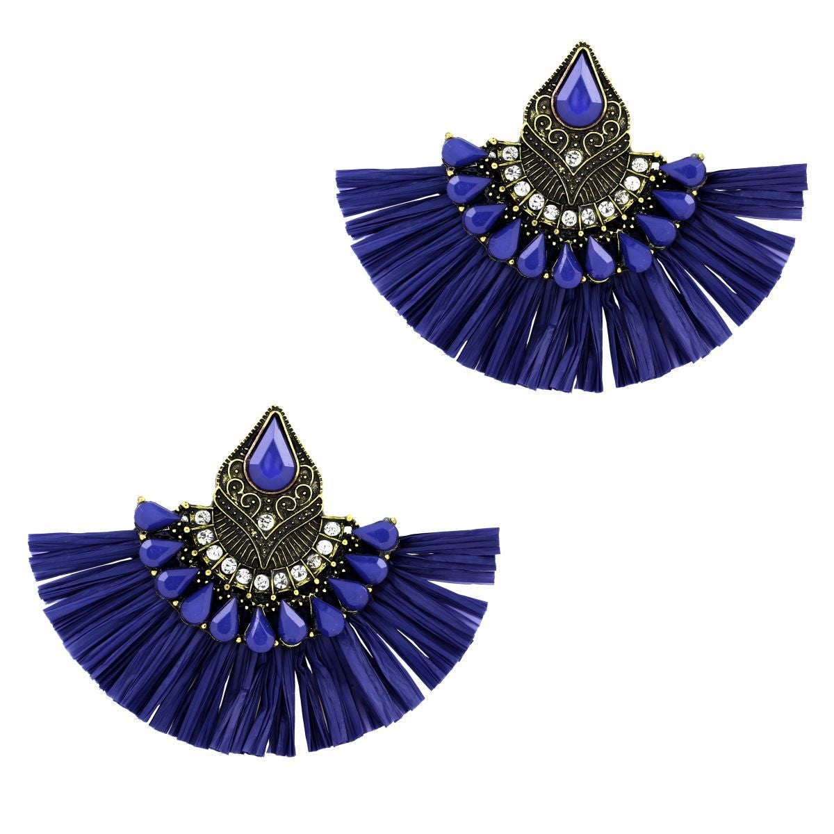 Studded Fan Tassel Bohemian Gypsy Blue Statement Earrings Girls Bulk