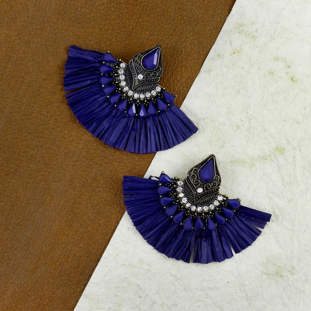 Studded Fan Tassel Bohemian Gypsy Blue Statement Earrings Girls Bulk