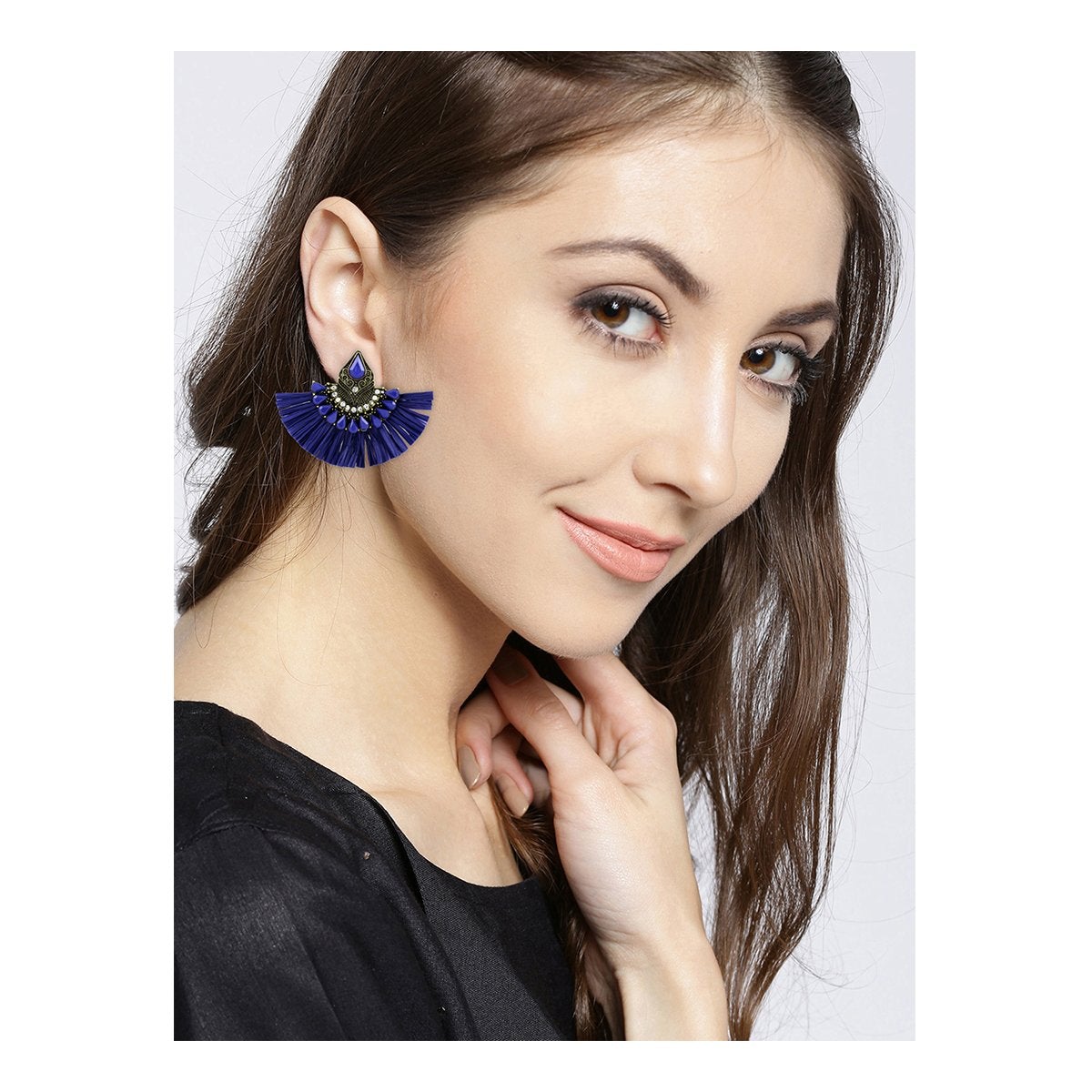Studded Fan Tassel Bohemian Gypsy Blue Statement Earrings Girls Bulk