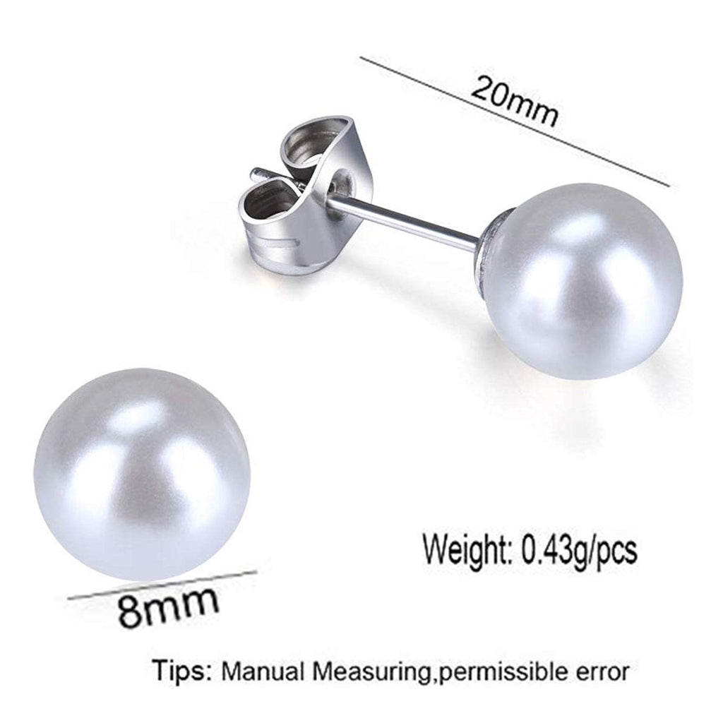 8 Mm Pearl Silver 316L Surgical Stainless Steel Stud Earring Bulk