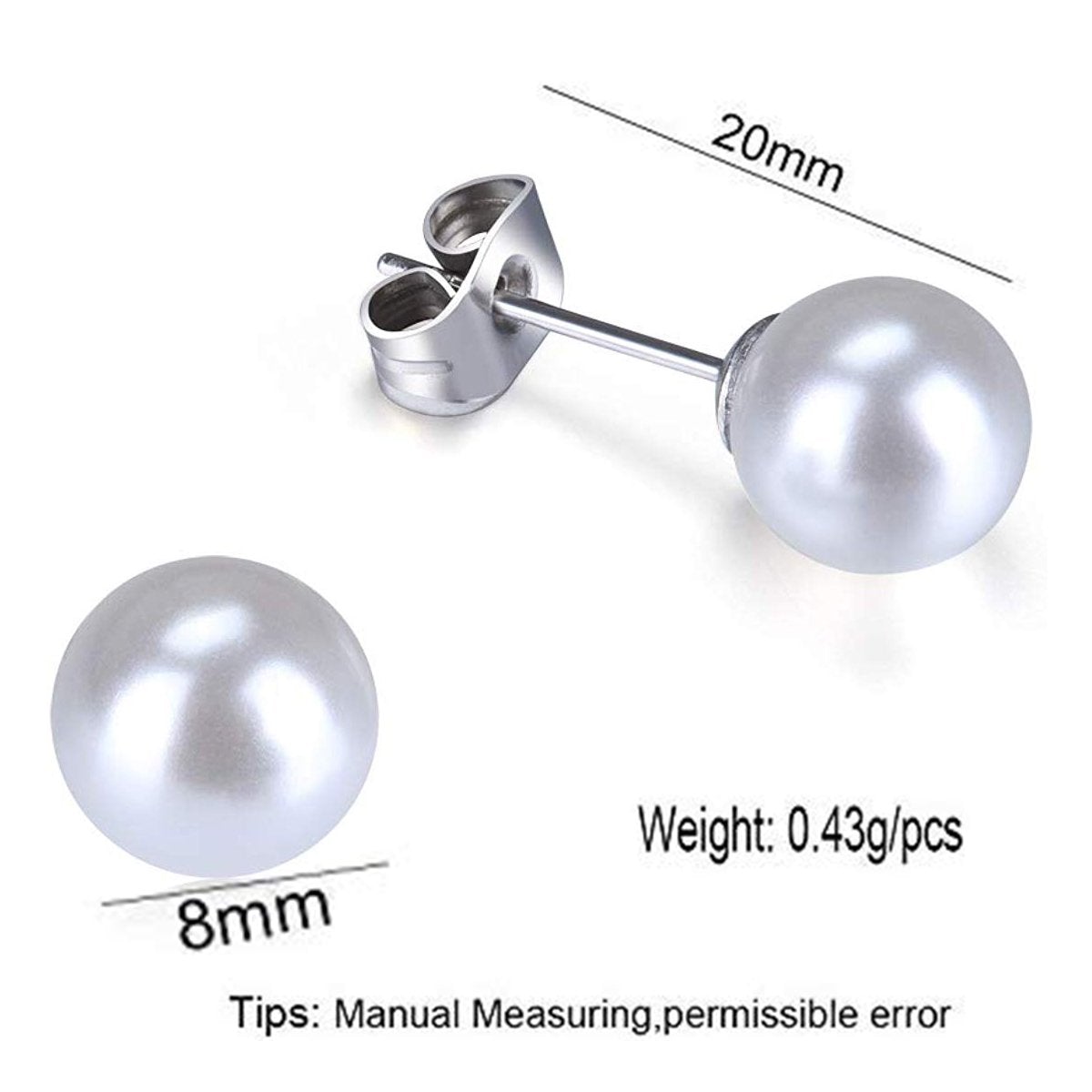 8 Mm Pearl Silver 316L Surgical Stainless Steel Stud Earring Bulk