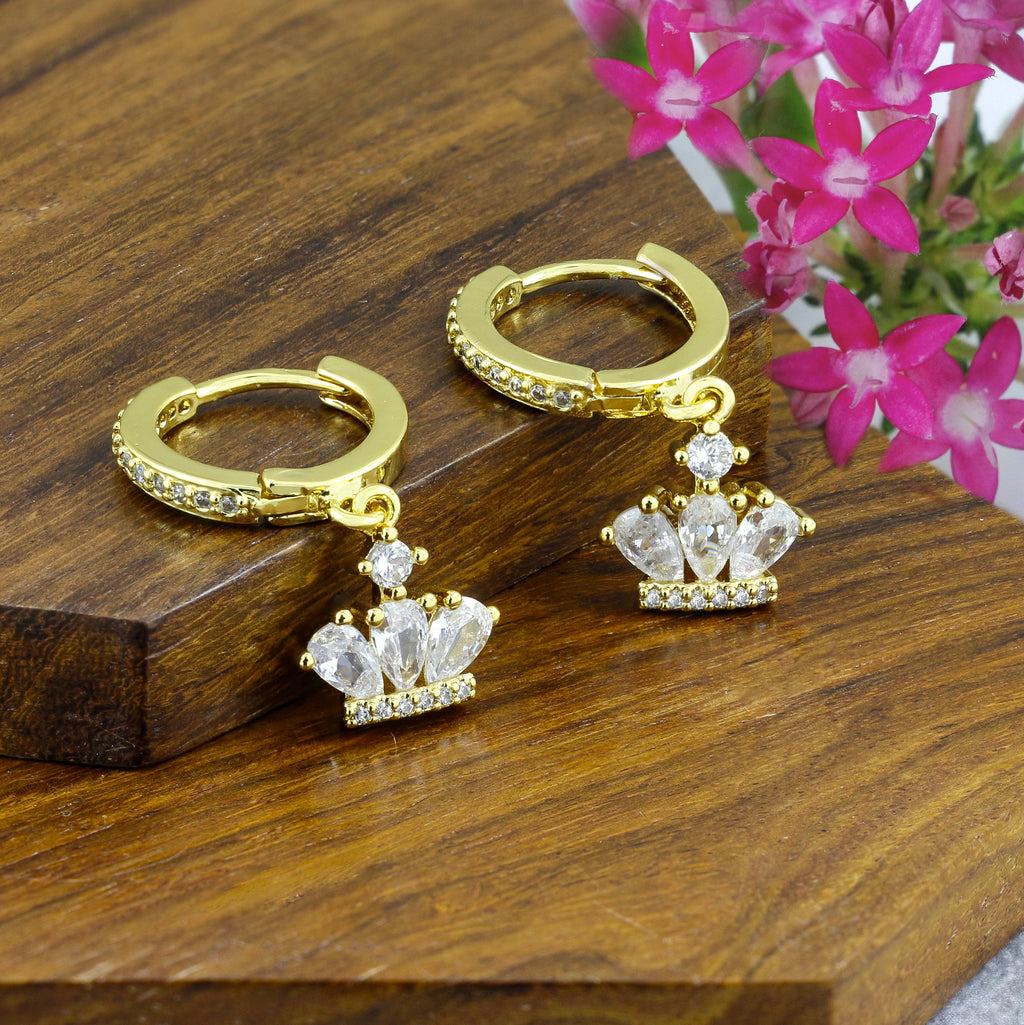 Crown Gold Brass American Diamond Hoop Drop Earring For Women Bulk