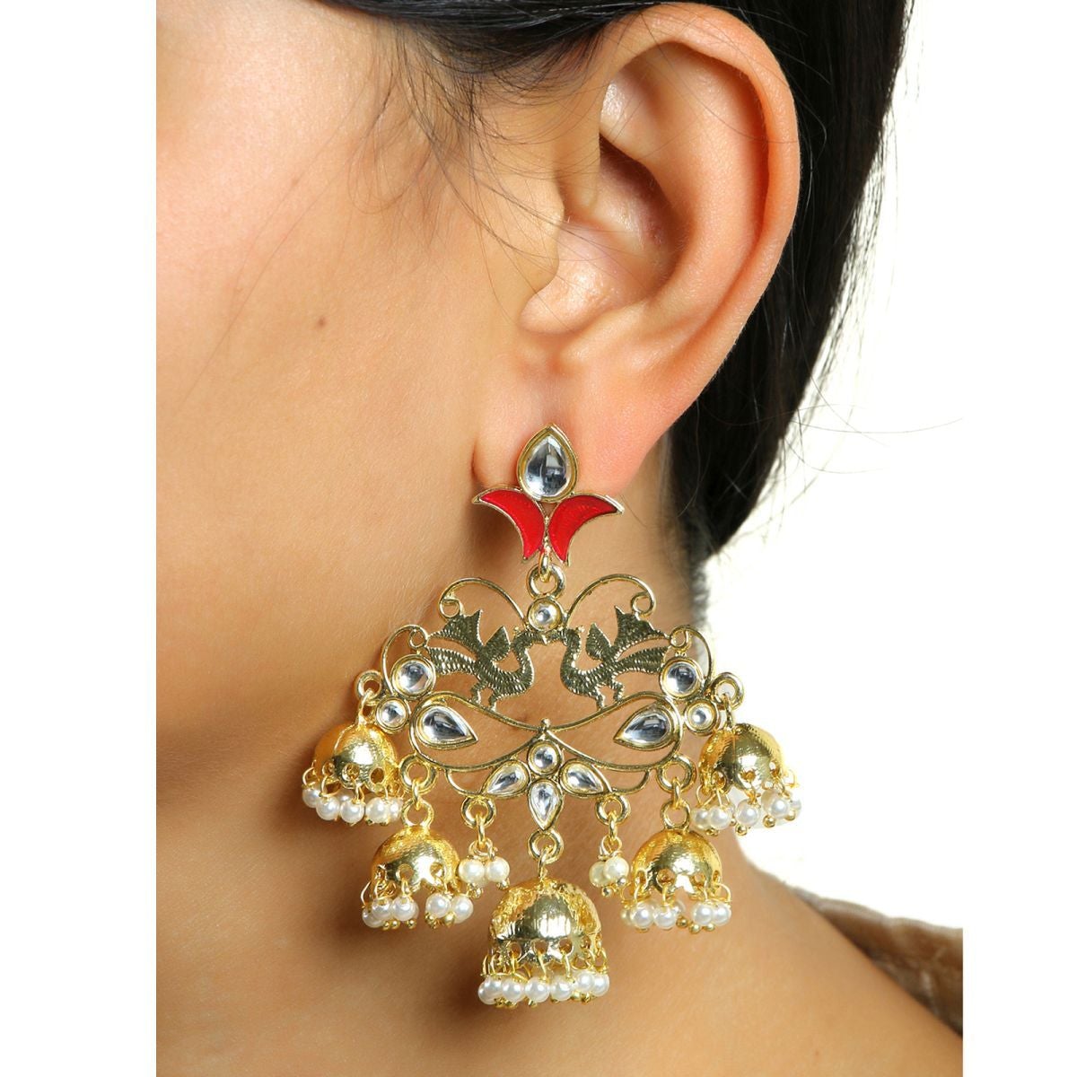 Flower Leaf Design Gold Red Pearl Filigree Jhumki Dangle Earring Bulk