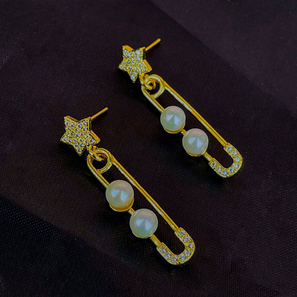 Safety Pin Star Gold Pearl Dangler Earring For Women Bulk