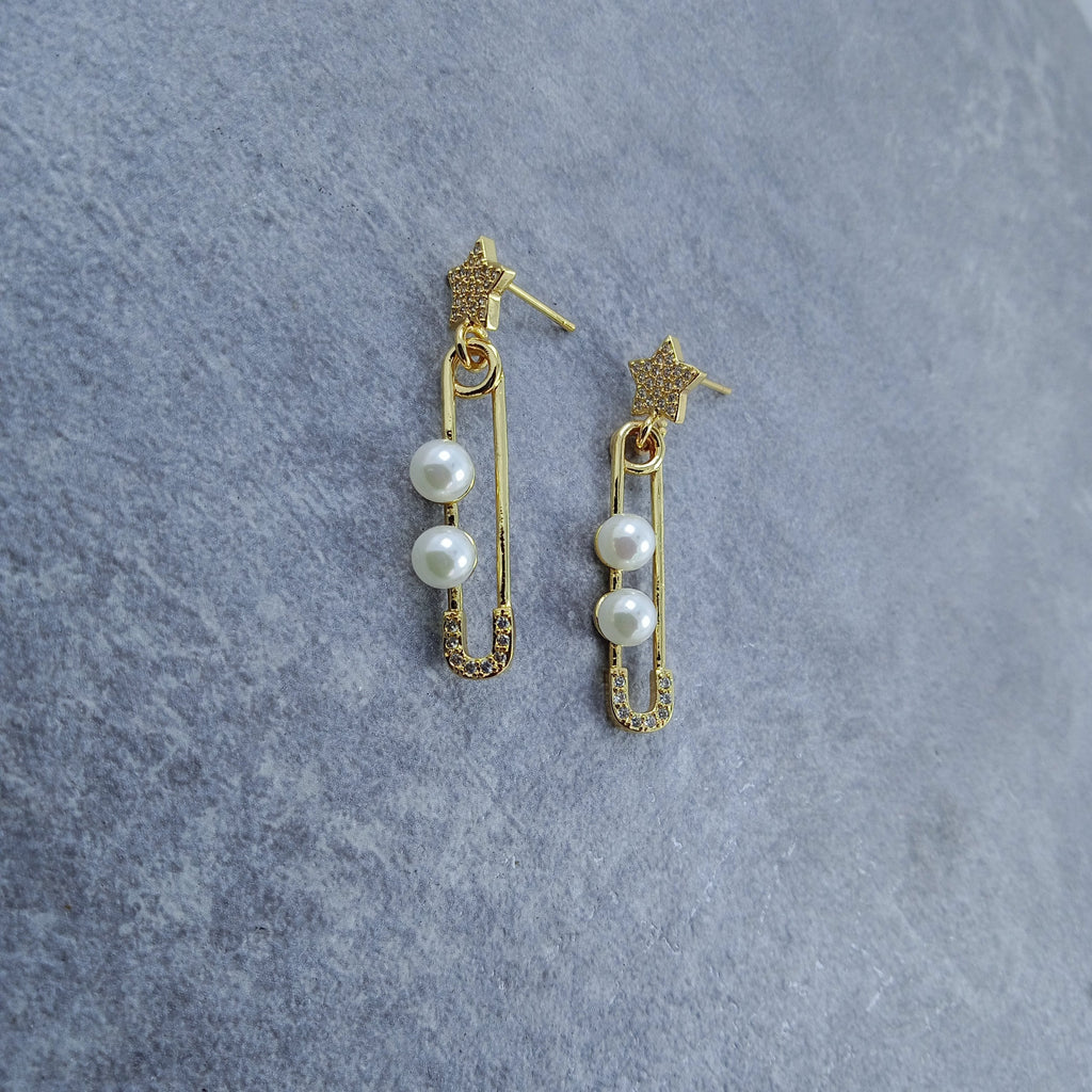 Safety Pin Star Gold Pearl Dangler Earring For Women Bulk