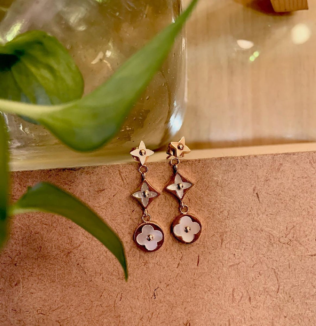 Clover Flower Mother Of Pearl Rose Gold Dangler Earring Pair Bulk