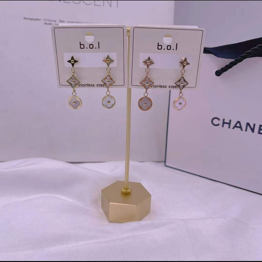 Clover Flower Mother Of Pearl Rose Gold Dangler Earring Pair Bulk