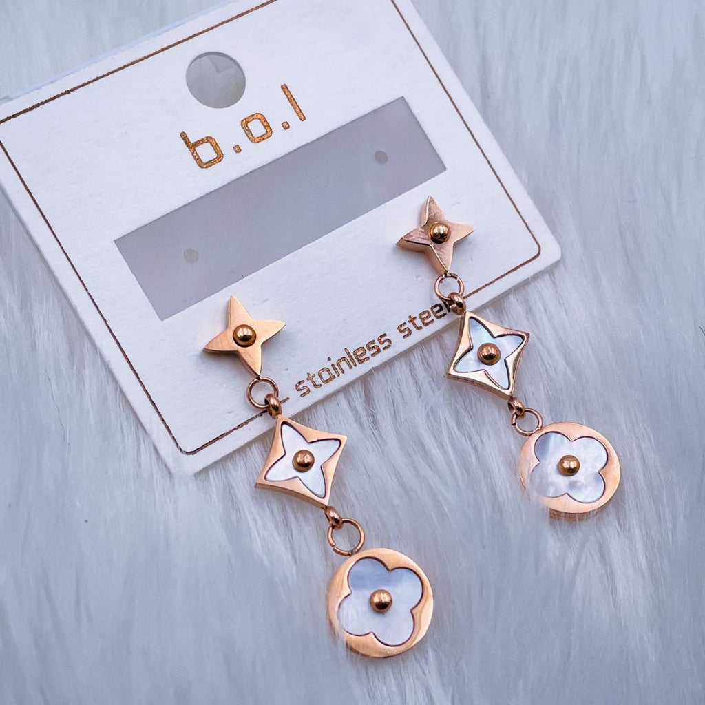 Clover Flower Mother Of Pearl Rose Gold Dangler Earring Pair Bulk