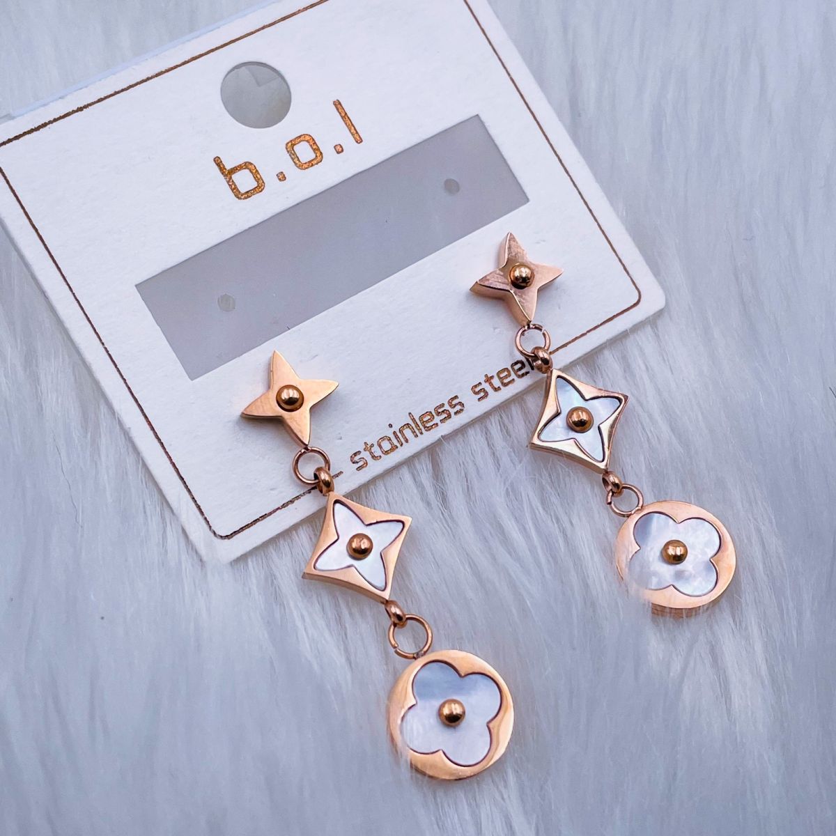 Clover Flower Mother Of Pearl Rose Gold Dangler Earring Pair Bulk
