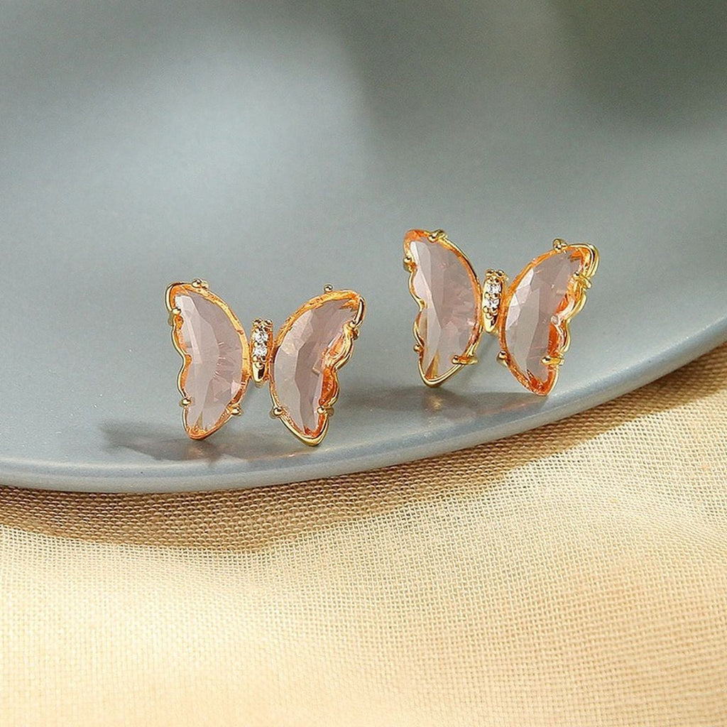 Butterfly Gold Pink Crystal Stud Earring Pair Women Bulk