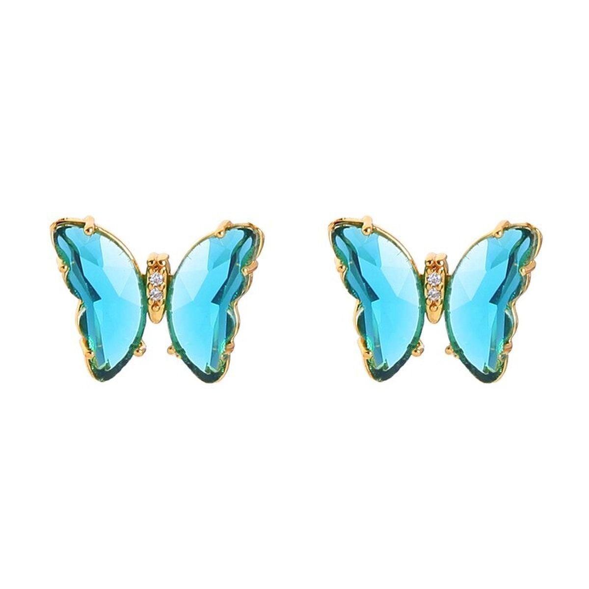 Butterfly Gold Blue Crystal Stud Earring Pair Women Bulk